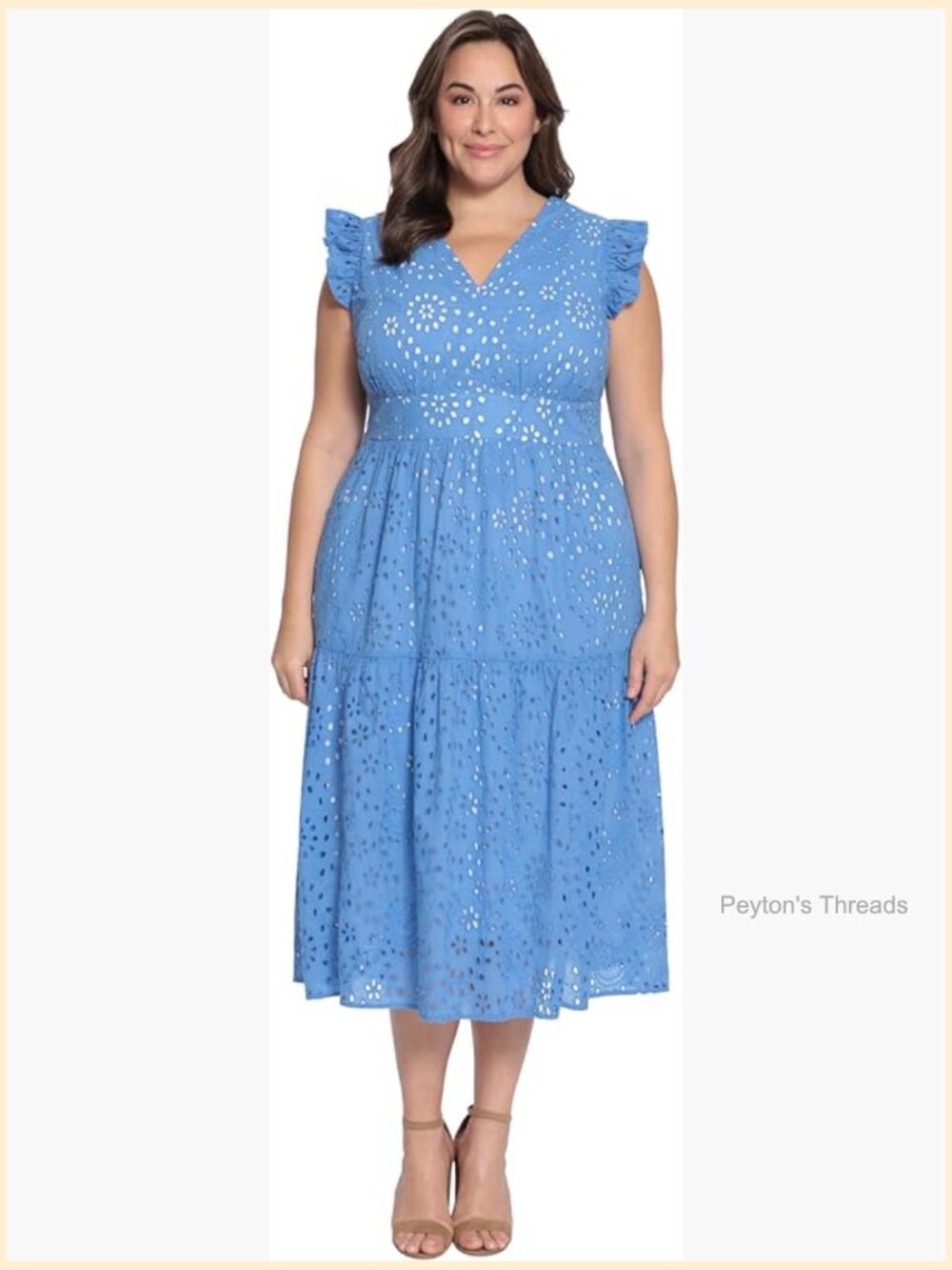 Sleeveless V-Neck Midi Dress with Ruffle Shoulder Detail and Tiered Skirt